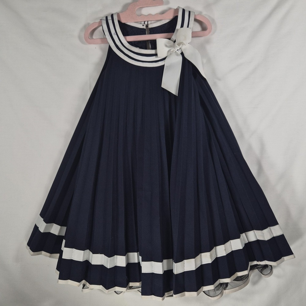Bonnie Jean Girls 4 4T Navy Sailor Dress Pleated Bow Nautical Party Formal